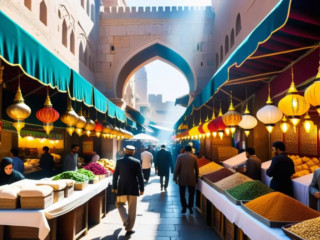 Mercado bullicioso en una ciudad islámica antigua, influencia del comercio en arte islámico, con arquitectura intricada y textiles coloridos