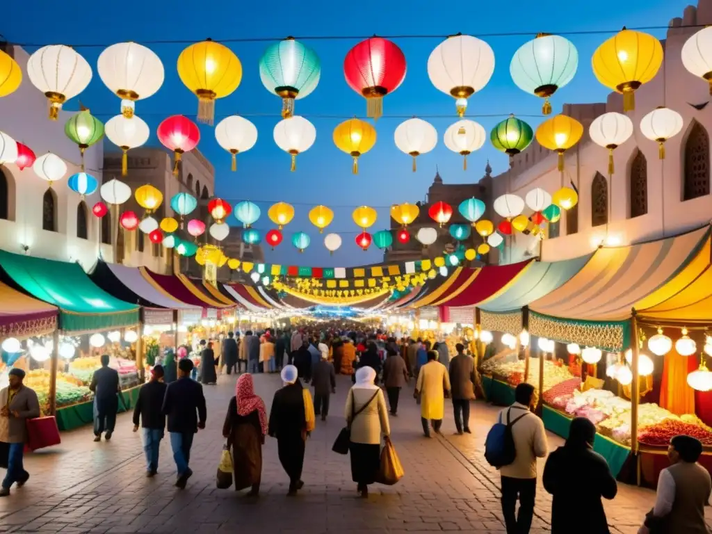 Mercado bullicioso en una ciudad islámica tradicional, con festividades islámicas tradicionales, decoraciones vibrantes y una atmósfera festiva