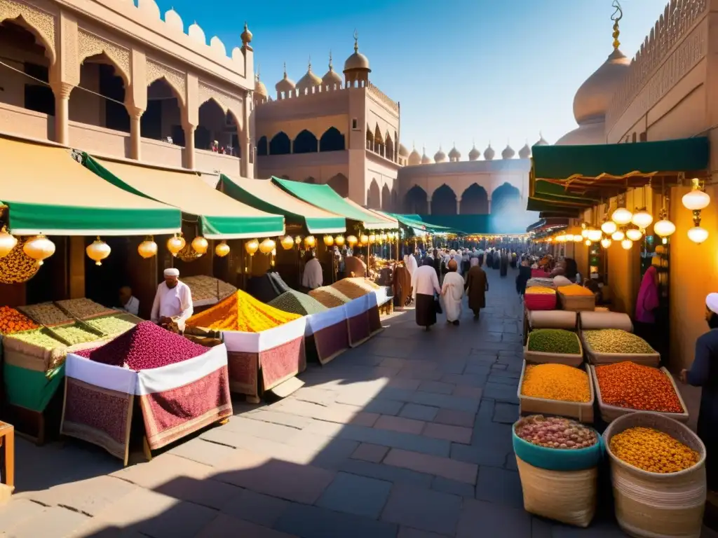 Mercado bullicioso en una ciudad islámica histórica, con edificios intrincados y textiles coloridos