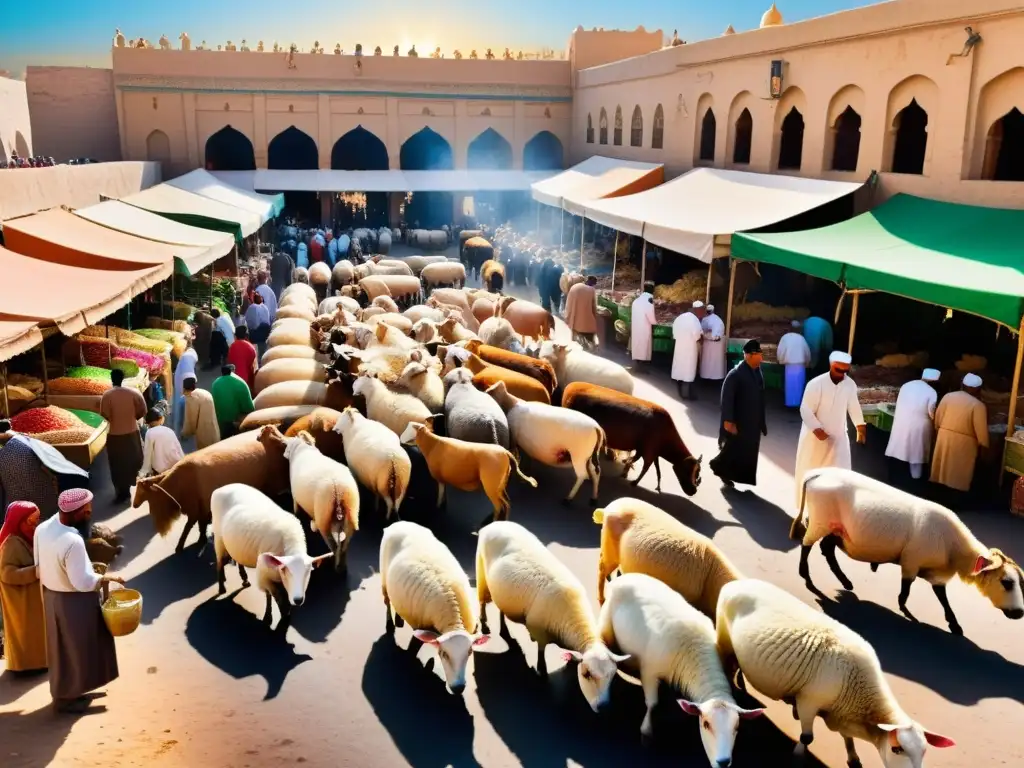 Un mercado bullicioso en una ciudad islámica, lleno de colores vibrantes y actividad mientras la gente compra ganado para Eid al-Adha