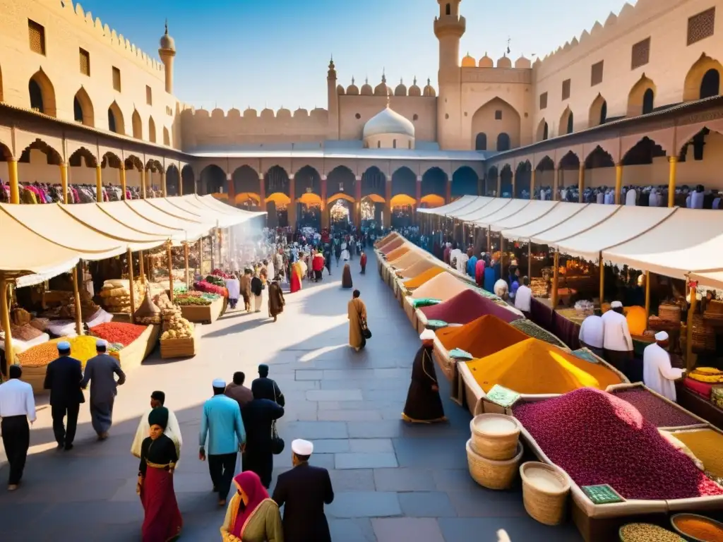 Mercado bullicioso en ciudad islámica histórica: arquitectura detallada, textiles vibrantes y comercio diverso bajo cálido sol