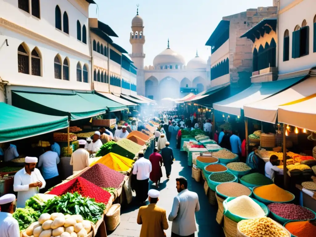 Mercado bullicioso en una ciudad islámica, capturando la esencia de la gastronomía en ciudades islámicas y su diversidad cultural