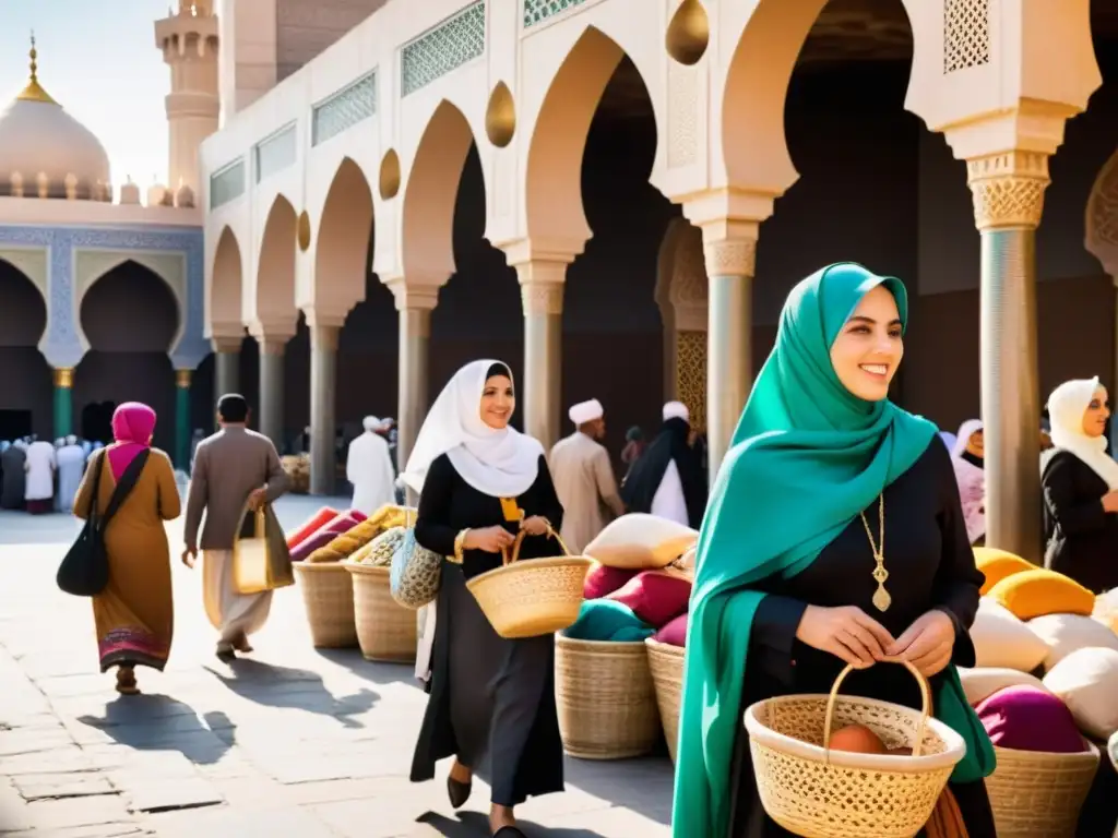 Mercado bullicioso en ciudad islámica tradicional, mujeres con hijabs coloridos realizan sus actividades diarias