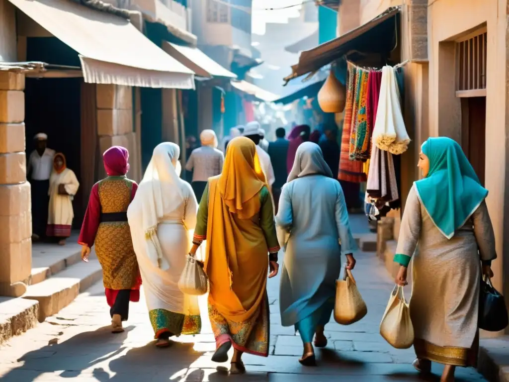 Mercado bullicioso en una ciudad islámica, mujeres en vibrantes trajes tradicionales, reflejando fuerza y comunidad