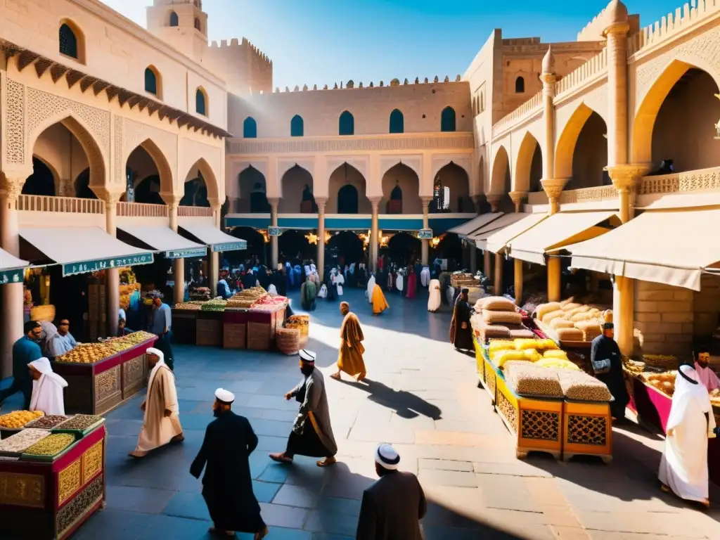 Mercado bullicioso en ciudad islámica con colores vibrantes, gente negociando y arquitectura tradicional