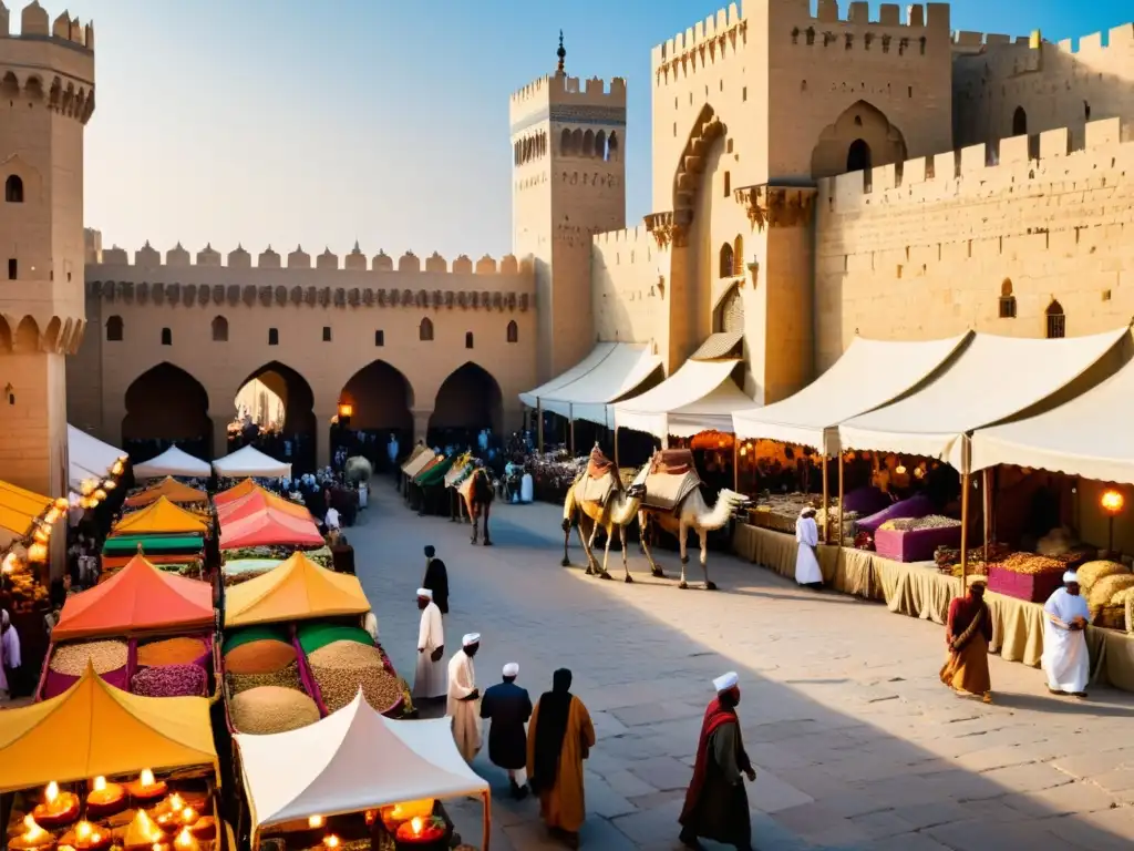 Mercado bullicioso en una ciudad islámica medieval, con comerciantes regateando especias y metales preciosos bajo la sombra de una gran mezquita