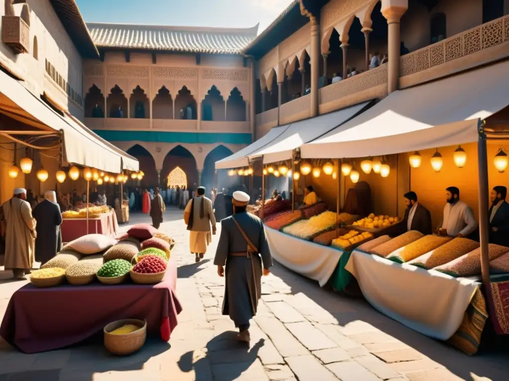 Mercado medieval islámico: arquitectura, textiles y comercio Mercado bullicioso en una ciudad islámica medieval, con arquitectura detallada y textiles vibrantes