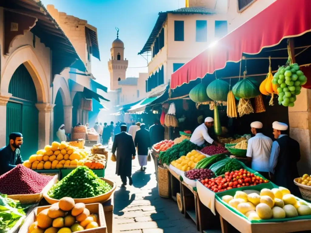 Mercado islámico: colores vibrantes y productos frescos Un mercado bullicioso en una ciudad islámica, con vendedores ofreciendo frutas, verduras y especias frescas
