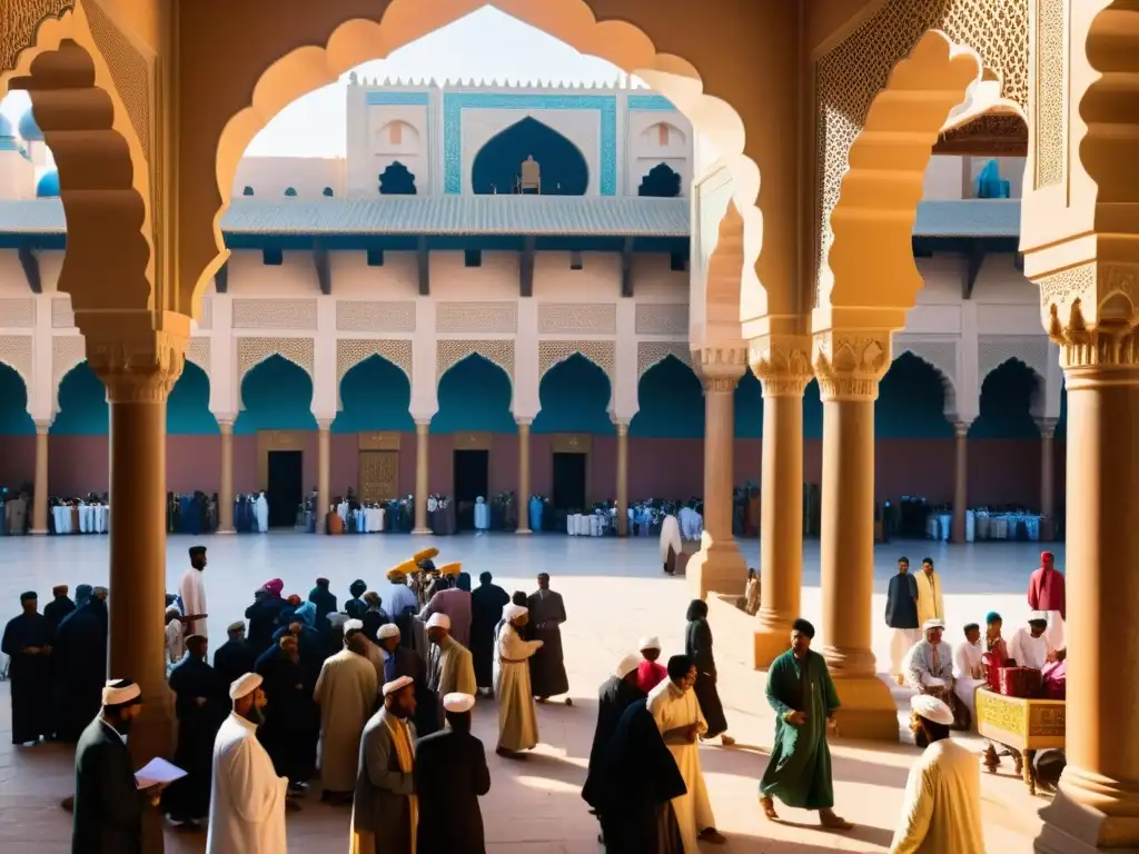 Un mercado bullicioso en una ciudad islámica histórica, con colores vibrantes y arquitectura intrincada