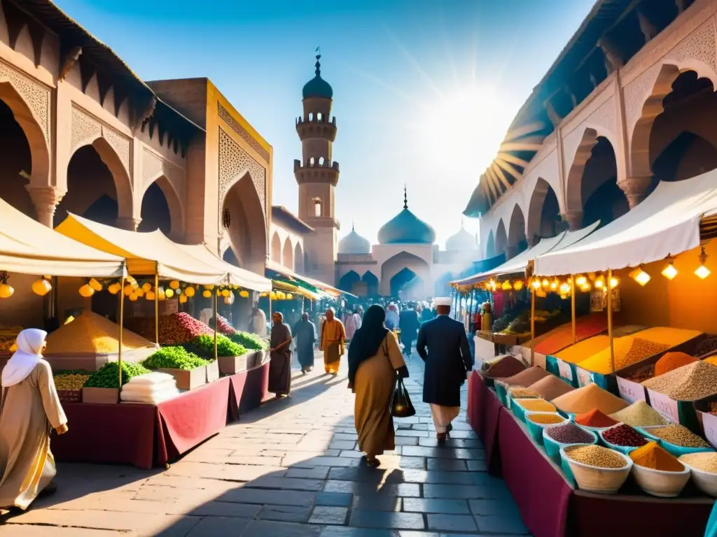 Mercado bullicioso en una ciudad islámica histórica con aromas y colores vibrantes