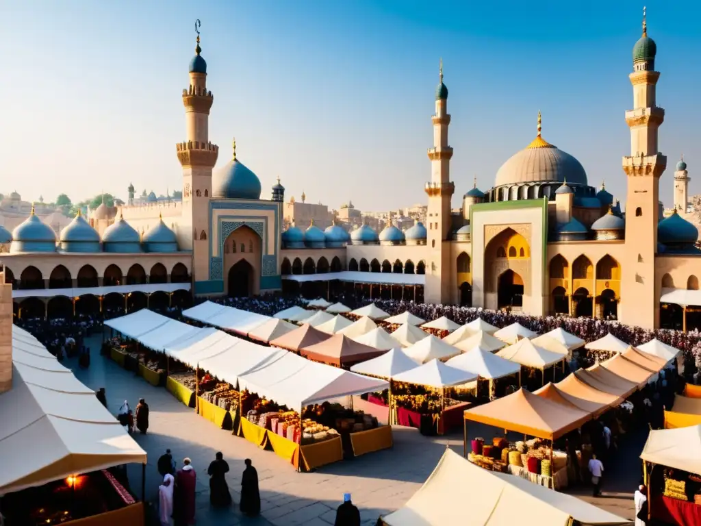 Bazar vibrante en una ciudad islámica medieval Mercado bullicioso en una ciudad islámica medieval, con colores, especias y arquitectura impresionante
