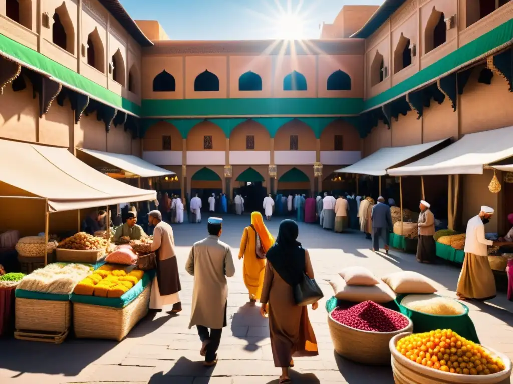 Un mercado bullicioso en una ciudad islámica, con colores vibrantes y gente compartiendo narrativas orales