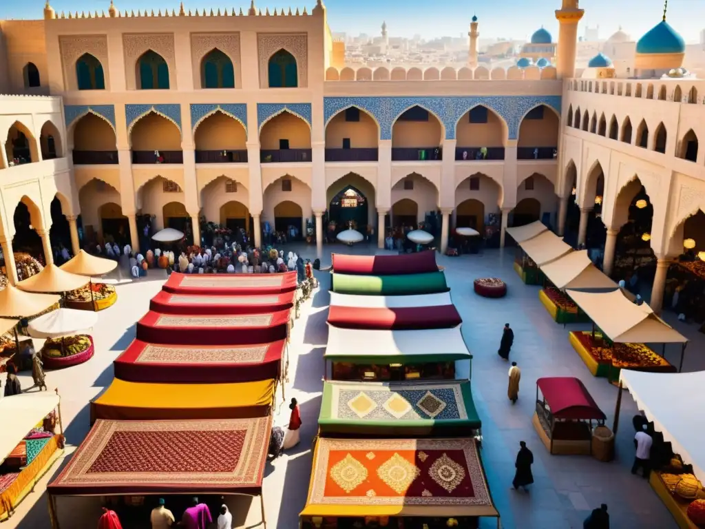 Un mercado bullicioso en una ciudad islámica histórica, con textiles coloridos y patrones intrincados, bañado por la cálida luz del sol