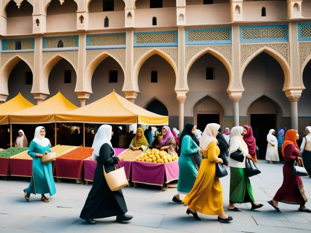 Mercado bullicioso en una ciudad medieval islámica, destaca la participación de mujeres en la vida cotidiana y el empoderamiento en el Islam medieval