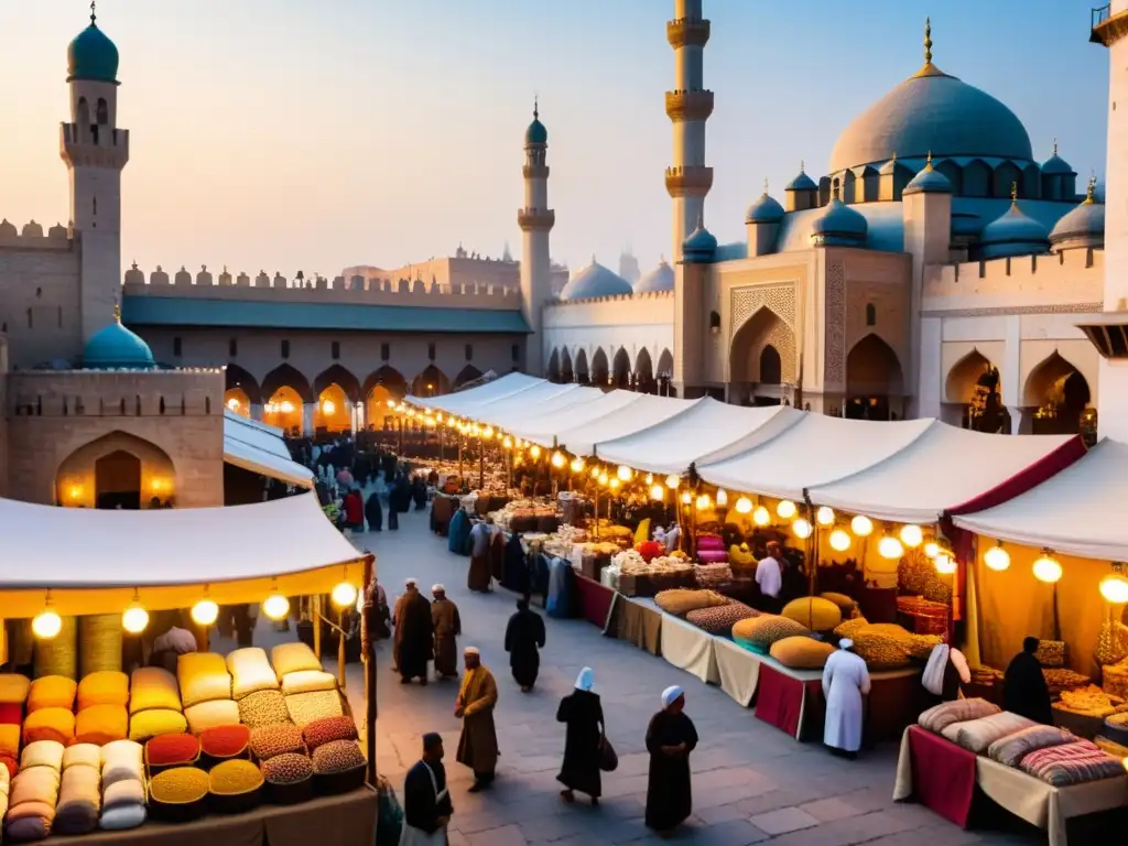 Mercado bullicioso en una ciudad medieval islámica, llena de colores vibrantes y gente regateando, capturando la visión de Ibn Khaldun sobre la sociedad y la economía islámica