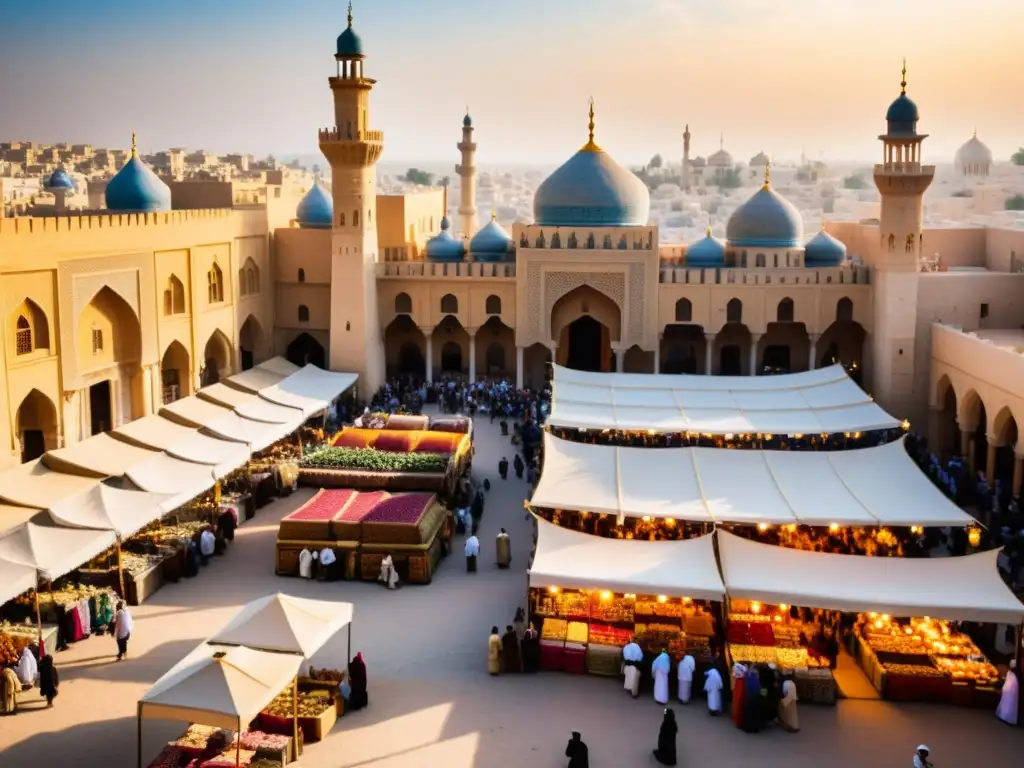 Mercado bullicioso en una ciudad medieval del Medio Oriente, con una vibrante convivencia en el pacto de Umar entre musulmanes y no musulmanes