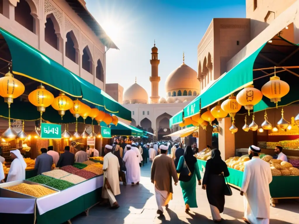 Mercado bullicioso en una ciudad de Oriente Medio, con comerciantes y clientes participando en la regulación de inversiones halal