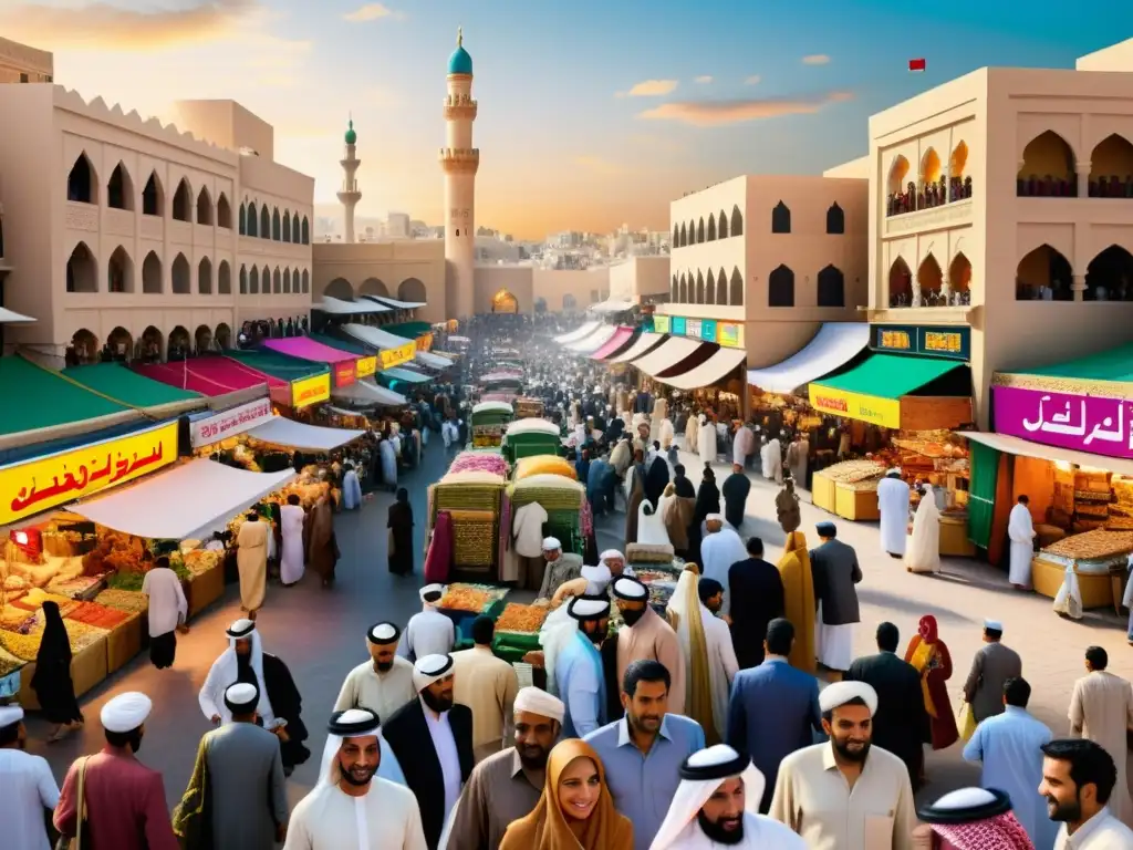 Mercado bullicioso en una ciudad del Medio Oriente, con una mezcla de medios de comunicación tradicionales y modernos entre la vibrante multitud