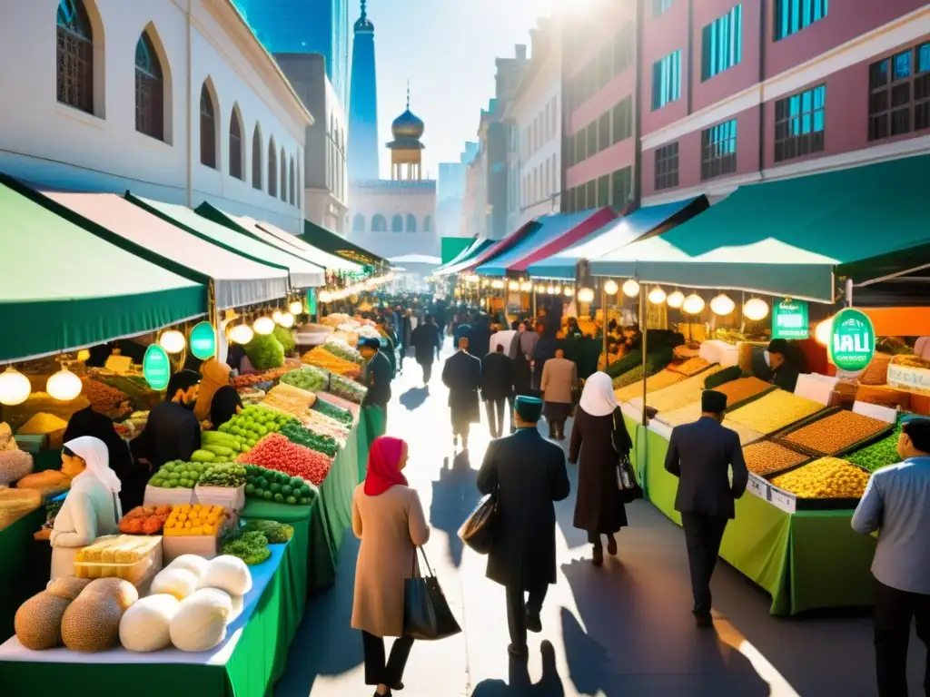 Un mercado bullicioso en una ciudad moderna, con vendedores diversos ofreciendo productos halal