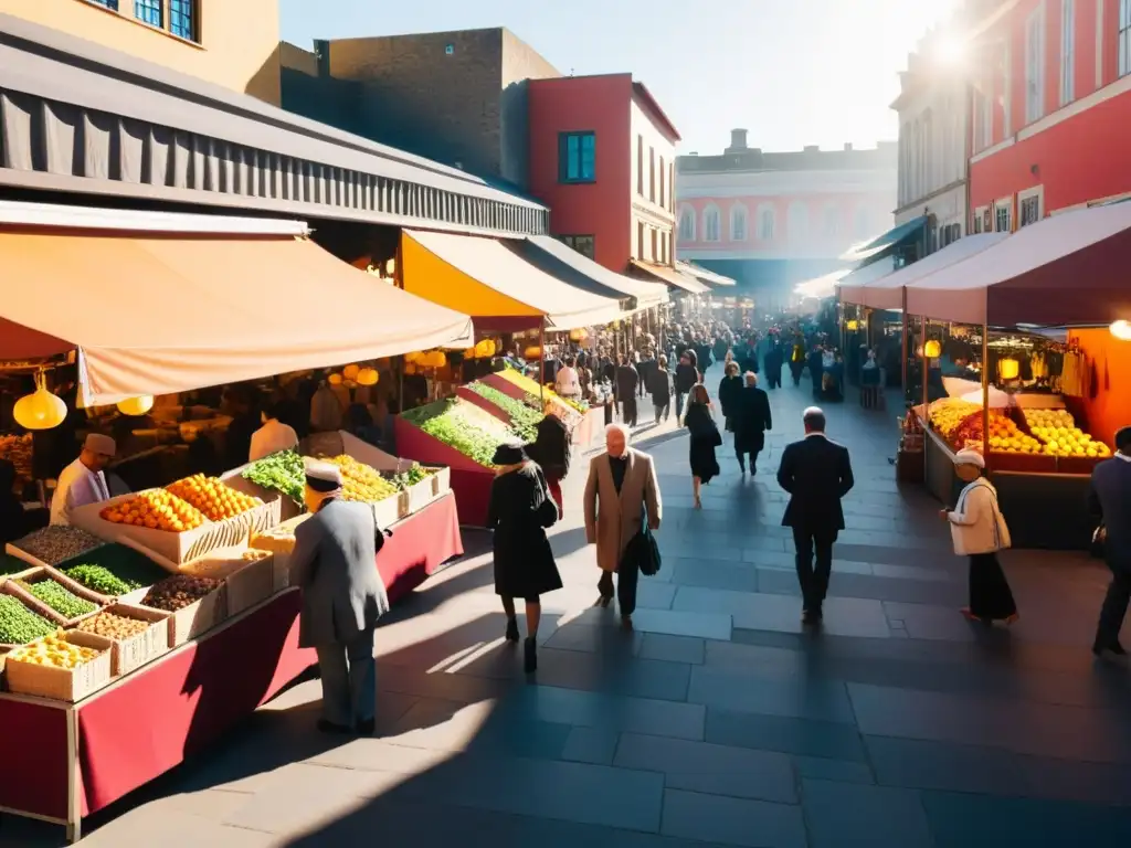 Un mercado bullicioso en una ciudad moderna, con diversidad cultural y movimiento