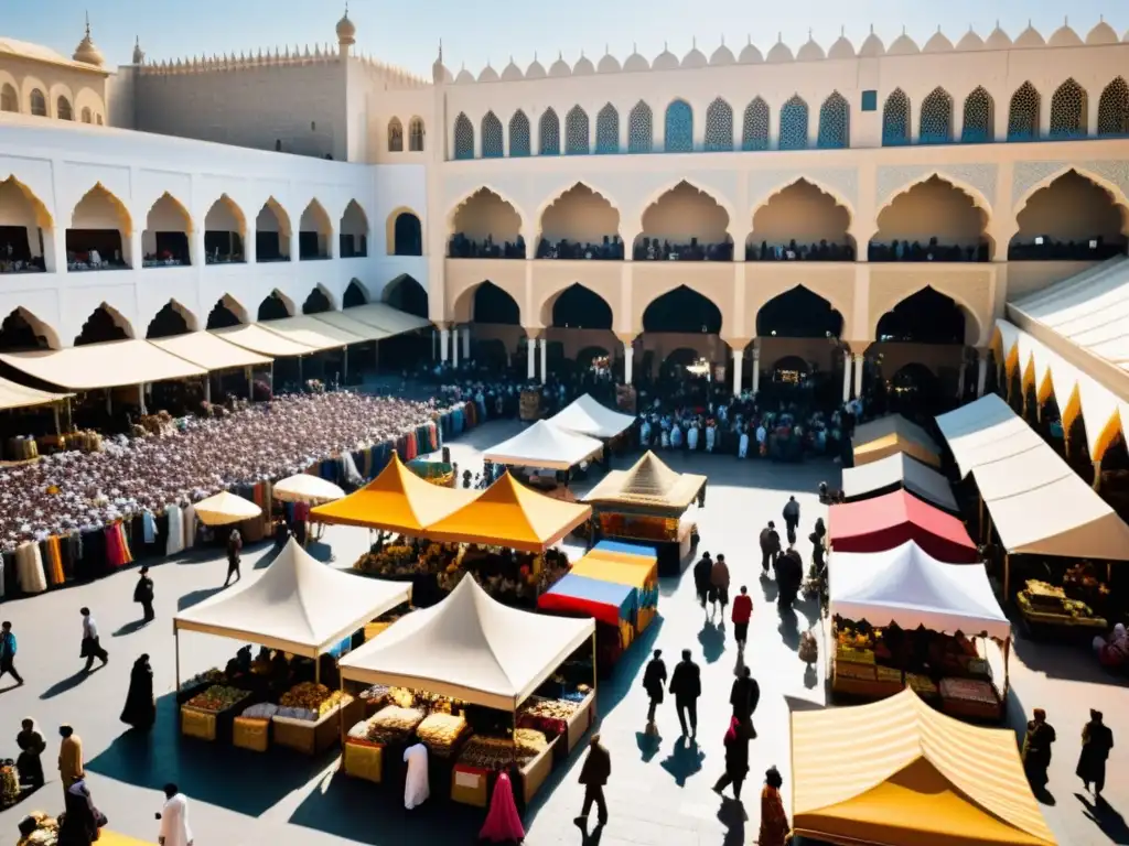 Mercado bullicioso en una ciudad moderna con impacto del comercio islámico en el mundo moderno