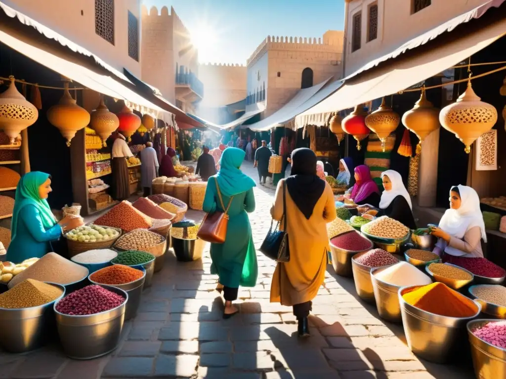 Mercado bullicioso en una ciudad de Medio Oriente, mujeres en hijabs coloridos intercambian bienes y conversaciones bajo la luz filtrada