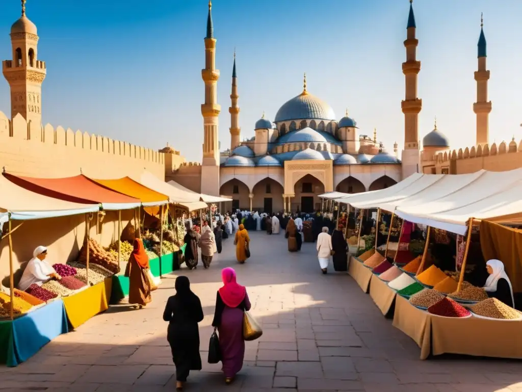 Mercado bullicioso en una ciudad del Medio Oriente con mujeres en hijabs coloridos, creando una atmósfera rica en tradición y cultura islámica