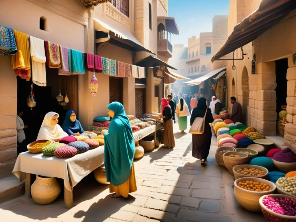 Un mercado bullicioso en una ciudad del Medio Oriente, con mujeres en coloridos hijabs y prendas fluidas explorando textiles, joyas y cerámica