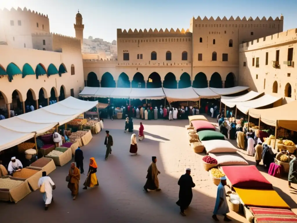 Mercado bullicioso en una ciudad del norte de África, con textiles y especias coloridas frente a edificios de piedra antiguos