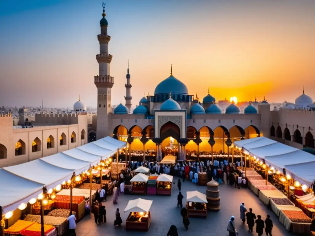 Un mercado bullicioso en una ciudad del Medio Oriente al atardecer, con mezquitas y calles estrechas llenas de vendedores y visitantes