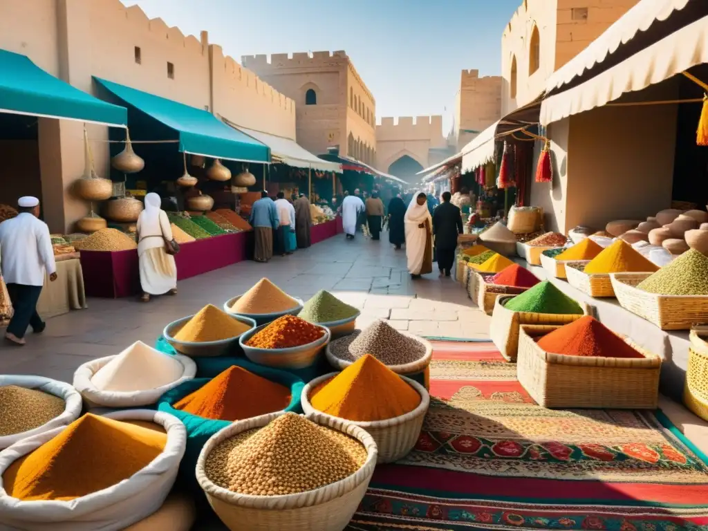 Un mercado bullicioso en una ciudad del Medio Oriente rebosante de especias y hierbas coloridas