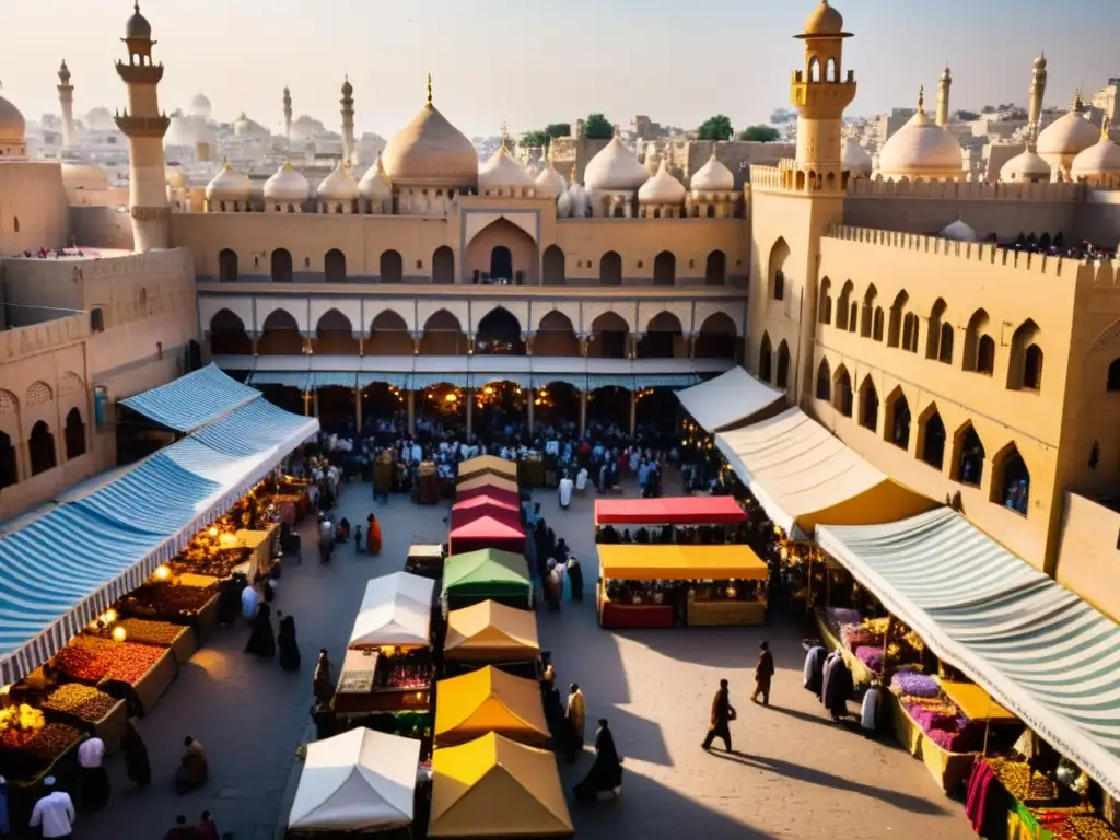 Un mercado bullicioso en una ciudad del Medio Oriente: cálido sol vespertino, estrechos callejones llenos de coloridos puestos y compradores