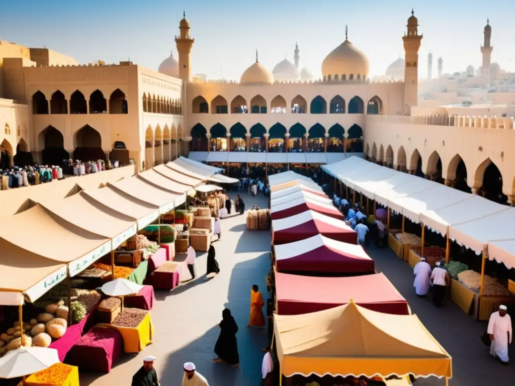 Mercado bullicioso en una ciudad del Medio Oriente, reflejo de la vibrante actividad económica y riqueza cultural en el contexto Halal