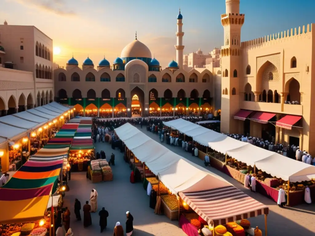 Mercado bullicioso en ciudad del Medio Oriente al atardecer, con vendedores de telas y especias