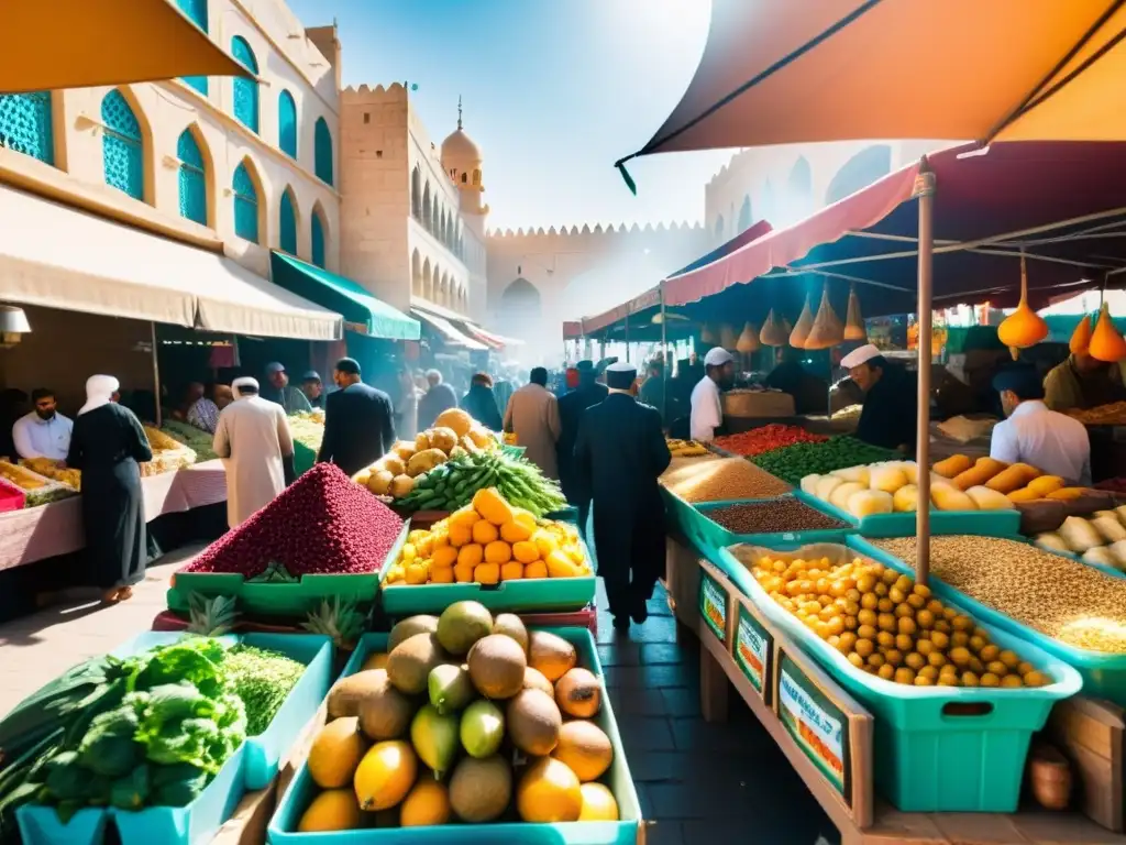 Un mercado bullicioso en una ciudad del Medio Oriente, lleno de puestos vibrantes que ofrecen una variedad de frutas, especias y platos Halal