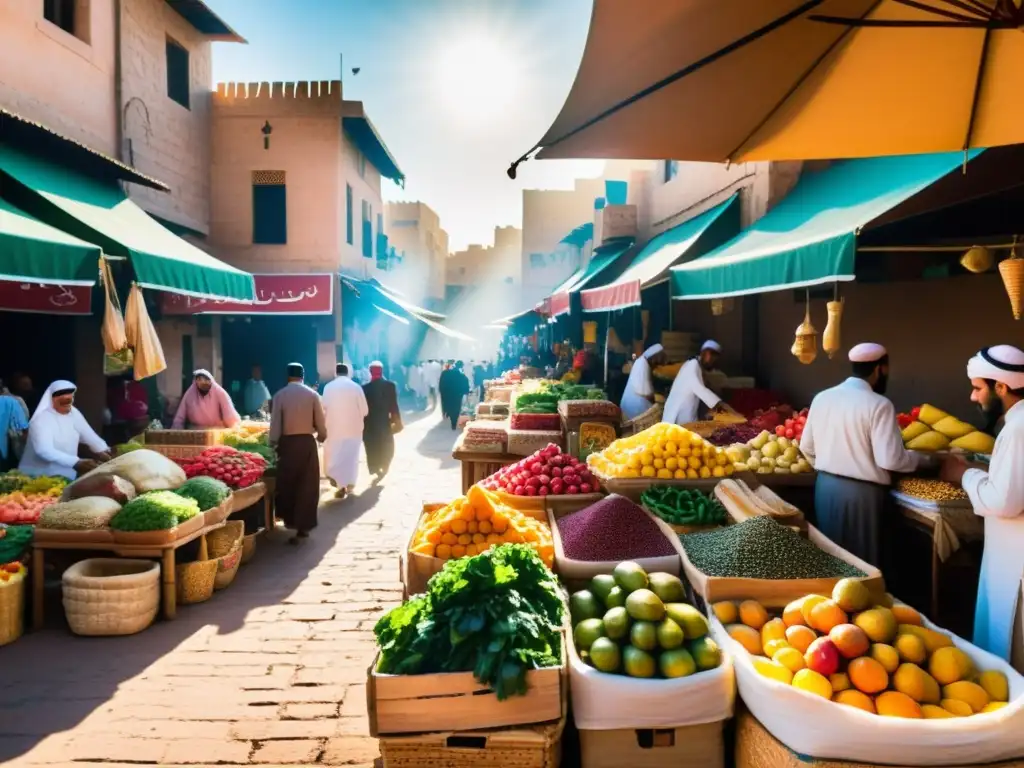 Un mercado bullicioso en una ciudad árabe, con puestos vendiendo una colorida variedad de frutas, verduras y especias