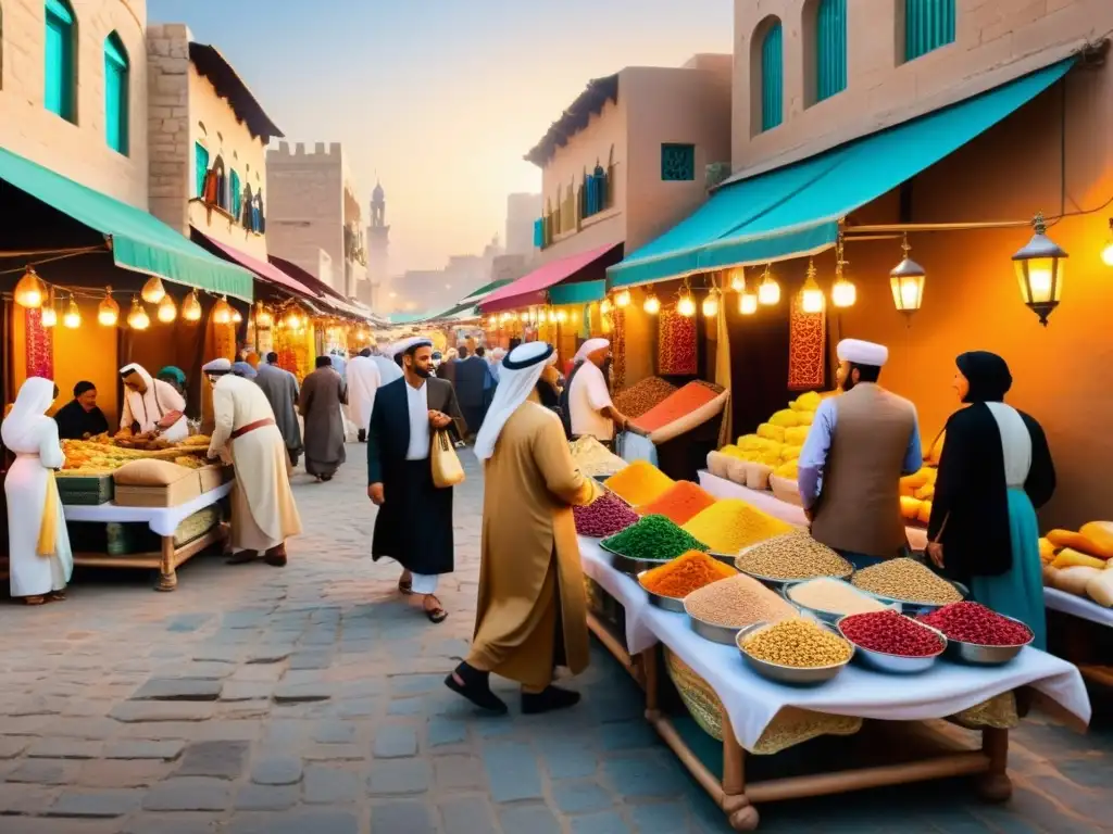 Mercado bullicioso en una ciudad del Medio Oriente, con puestos coloridos y actividad comercial vibrante, reflejando los principios de la economía islámica