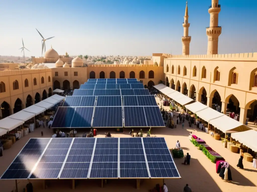 Mercado bullicioso en una ciudad del Medio Oriente, con puestos coloridos vendiendo tecnologías de energías renovables