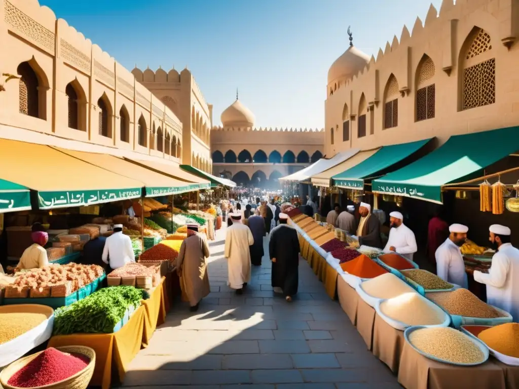 Mercado bullicioso en una ciudad del Medio Oriente, con puestos coloridos vendiendo productos halal