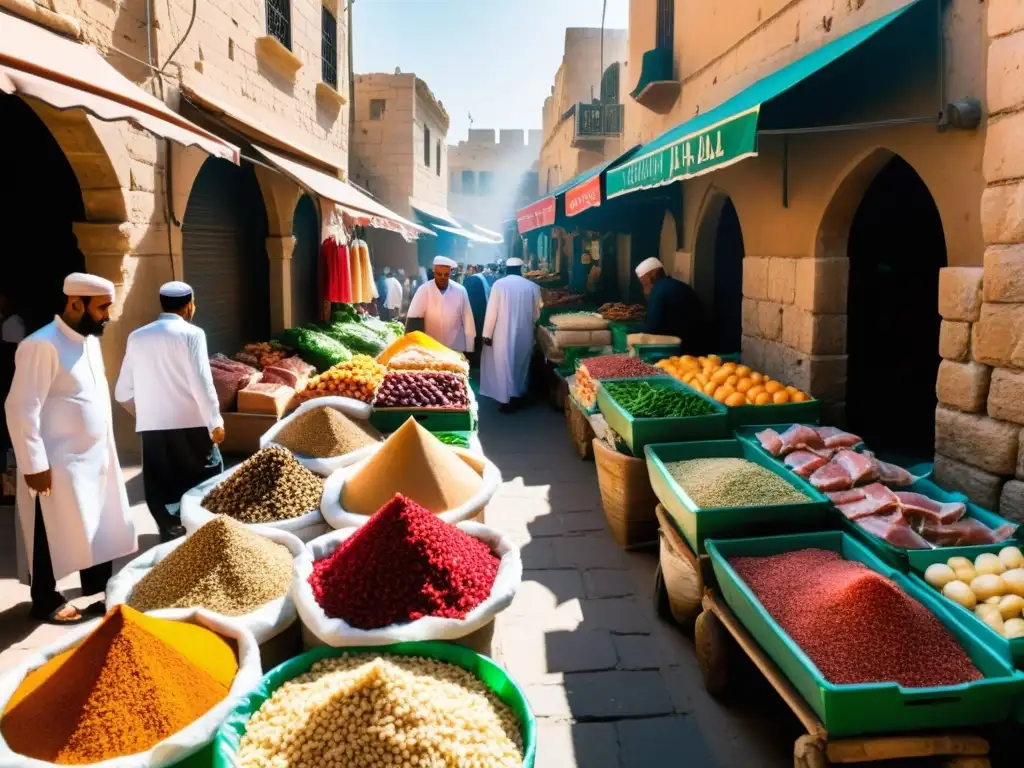 Mercado bullicioso de alimentos halal Mercado bullicioso en una ciudad del Medio Oriente, con puestos de carne halal, especias y productos