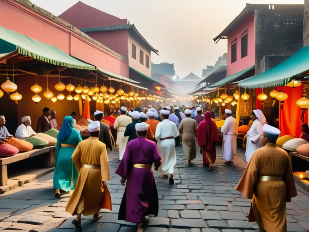 Un mercado bullicioso en una ciudad del sudeste asiático muestra tradiciones sufíes en un atardecer cálido y vibrante