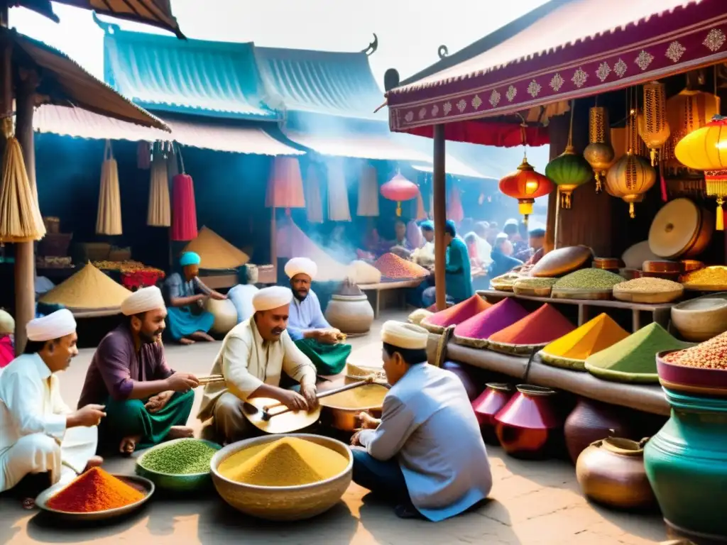 Un mercado bullicioso en una ciudad del sudeste asiático, con colores vibrantes y patrones intrincados