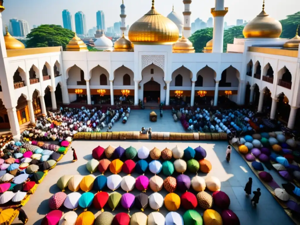 Mercado bullicioso en una ciudad del sudeste asiático, reflejo del sincretismo religioso en el Islam, con textiles y especias vibrantes