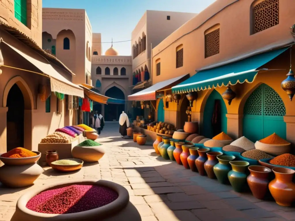 Un mercado bullicioso en una ciudad del Medio Oriente, con textiles coloridos y especias, bañado por la cálida luz del sol