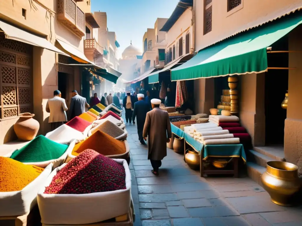 Mercado bullicioso en una ciudad del Medio Oriente, con textiles coloridos, alfombras intrincadas y cerámica reluciente bajo el cálido sol