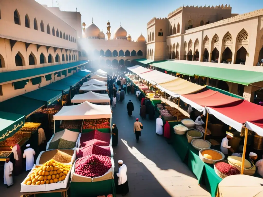 Mercado bullicioso en una ciudad del Medio Oriente, con vendedores ofreciendo productos halal como carne, frutas y especias