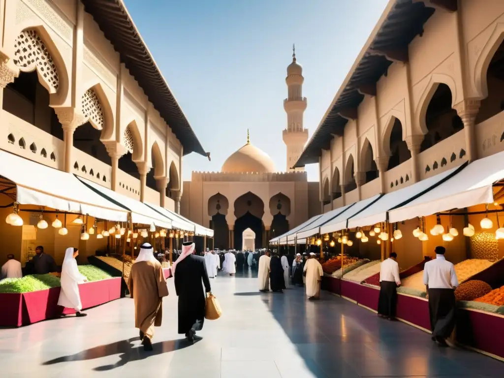 Mercado islámico con servicios financieros halal Un mercado bullicioso en una ciudad del Medio Oriente, con vendedores ofreciendo una variedad de productos financieros halal, creando una atmósfera inclusiva y vibrante