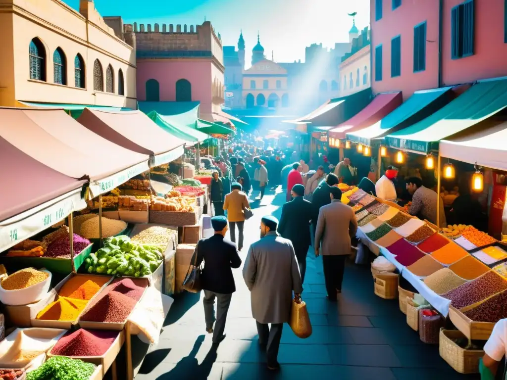 Un mercado bullicioso en una ciudad vibrante, con puestos rebosantes de especias coloridas, frutas frescas y carnes halal exóticas