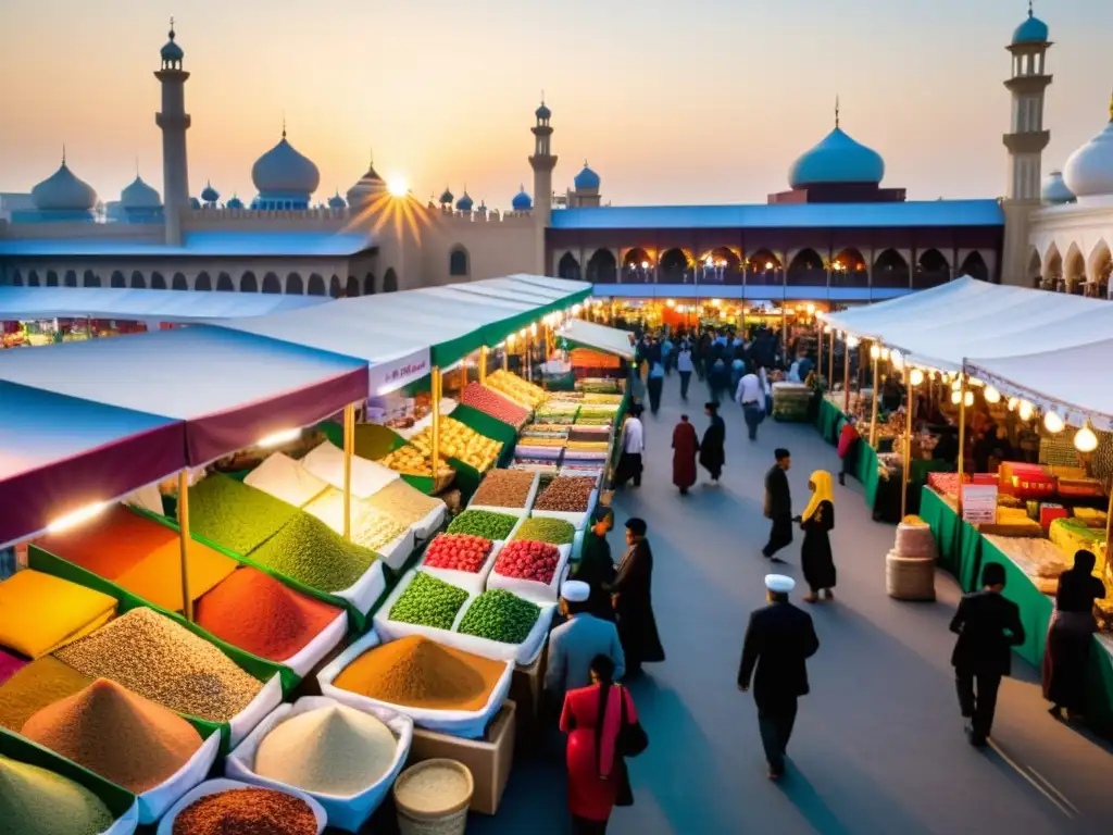 Mercado bullicioso en una ciudad vibrante con productos y comida halal