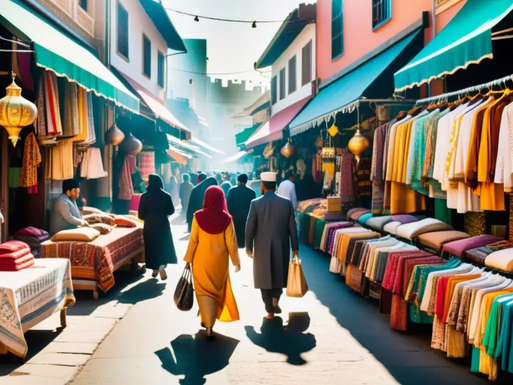 Un mercado bullicioso en una ciudad vibrante con ropa colorida y modesta